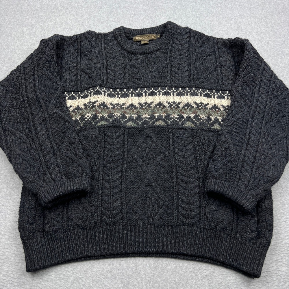 Inis Crafts Sweater Men's Large Charcoal Fair Isle Cable Knit Wool Crew Pullover